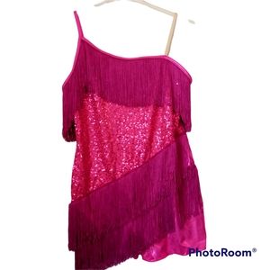 Women's Dance Costume NEW Fuchsia size XL One Shoulder Sequin Fringe Recital